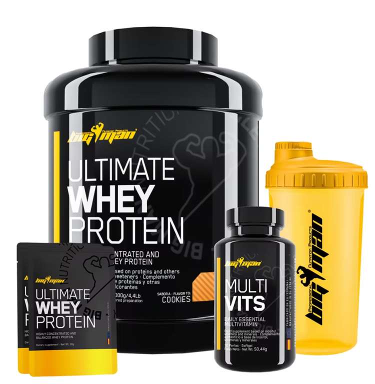 Pack BigMan ultimate 2kg de proteína+vitaminas+shaker+3 muetras