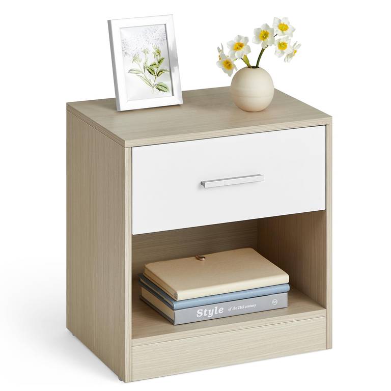 VASAGLE Custos Colección – Mesita de Noche, Mesa Auxiliar con Cajón, Asa, Compartimento Abierto, Beige Natural y Blanco Clásico
