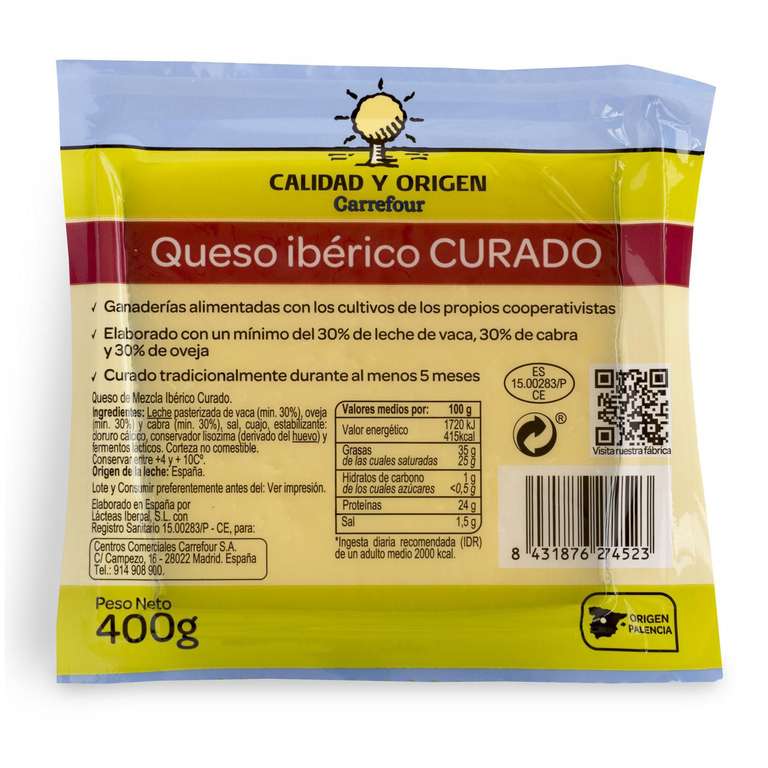 Queso ibérico de mezcla curado Carrefour Extra Cuña de 400g