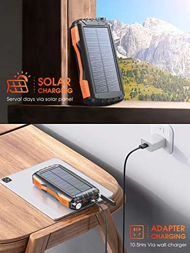 Batería Externa Solar de 42800 mAh, Cargador Solar con Doble Salida USB y Entrada