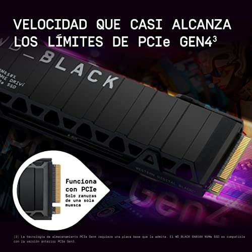 WD_Black SN850X 1TB M.2 2280 PCIe Gen4 NVMe SSD Almacenamiento con un disipador para Juegos hasta 7300 MB/s,