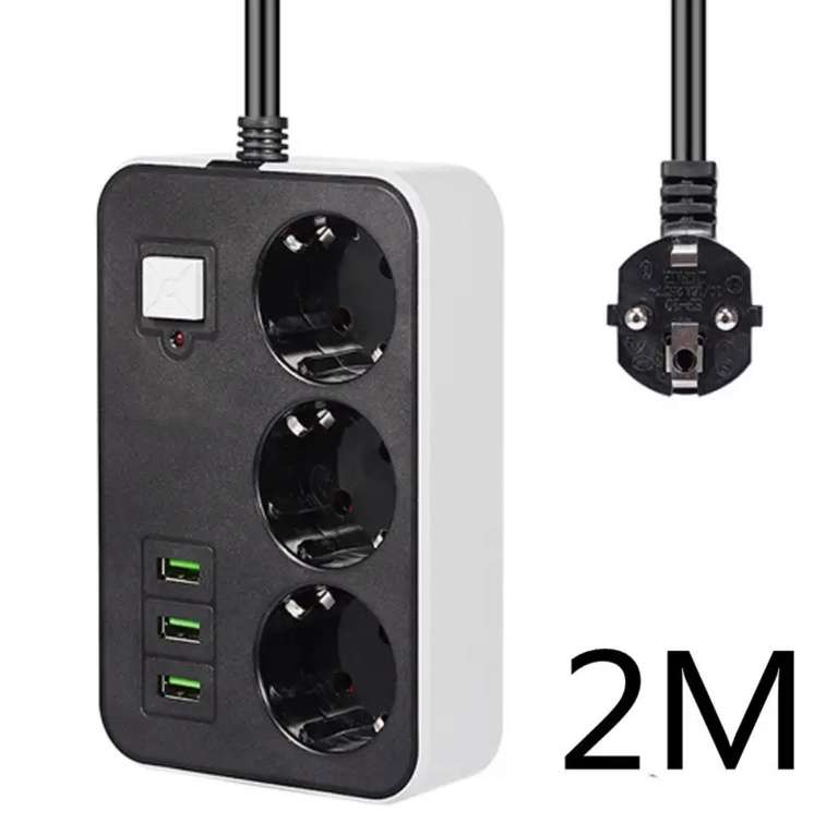Regleta Enchufe 3 Tomas + 3 USB Cable 2 Metros