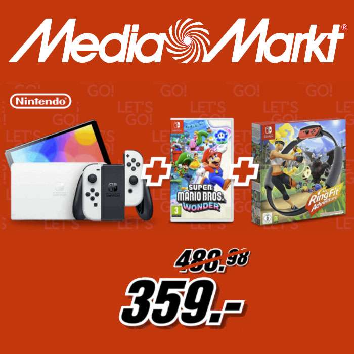 Consola - Nintendo Switch OLED + Accesorio Switch Ring Fit Adventure + Juego Físico Super Mario Bros. Wonder (349€ con Newsletter)