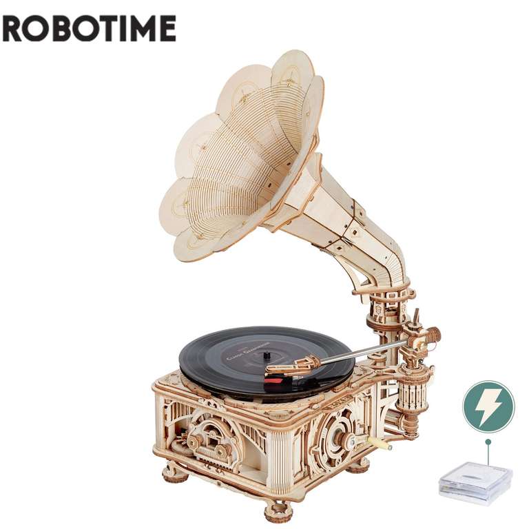 Robotime-rompecabezas de madera 3D con manivela de mano para niños y adultos, modelo clásico de gramófono con música