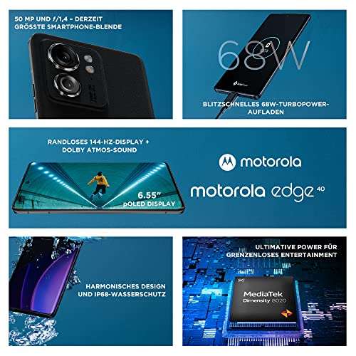 Motorola edge40 (pantalla FHD+ de 6,55", cámara de 50 MP, 8/256 GB, 4400 mAh, Anroid 13) Eclipse Black incluye funda protectora