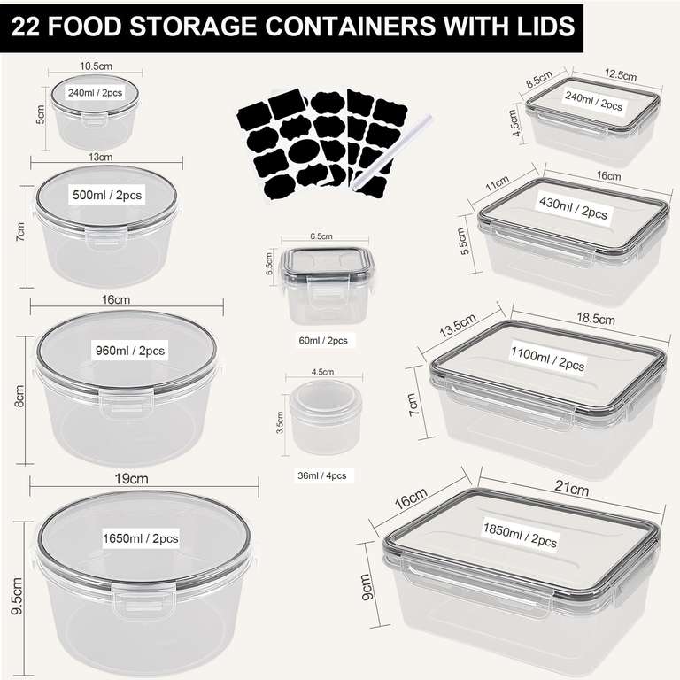 22 Recipientes hermeticos para almacenamiento de alimentos con tapas, sin BPA