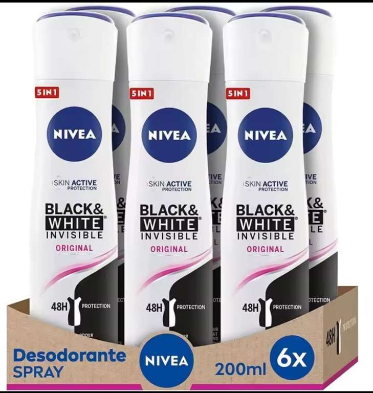 NIVEA Black & White Invisible Original Spray Desodorante 200ml, 6 unidades, 200ml*6 [ Nuevo usuario 5,80€]