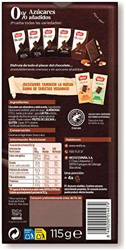 NESTLE Sin Azucar Chocolate negro con Almendras 15x115g. 1,23€ la unidad.