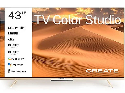 TV QLED 43" Create Color Studio - 4K (3840 x 2160), Dolby Vision/Atmos, Google TV, varios colores. Precio en APP. Modelo de 50" a 218.45€.