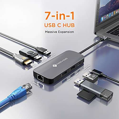 Adaptador USB C Hub 7 en 1, USB C a USB HDMI con 3X USB 3.0, Puerto de Carga rápida Tipo C de 100W, 4K HDMI, Base USB C