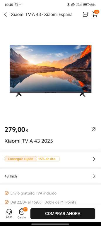 Xiaomi Tv A 2025 43" (Con mi points 189€)