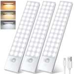 3 PC Luces Led con Sensor de Movimiento 78 LEDs 1500mAH, 23CM Adhesiva USB-C Recargable Luz con Sensor de Movimiento 3000K-6500K 4 Modos
