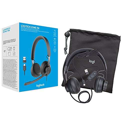 Logitech Zone 750 Auriculares Over-Ear con cable y micrófono con cancelación de ruido, USB-C/SB-A, Plug-and-Play