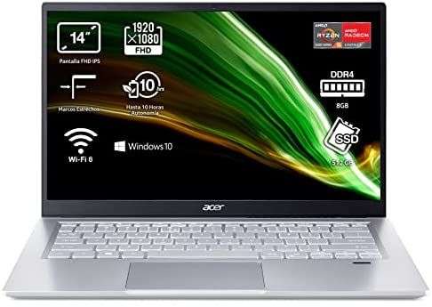 Acer Swift 3 SF314-43-R1PS - Ordenador Portátil 14" Full HD (AMD Ryzen 5 5500U, 8GB RAM, 512GB SSD, UMA Graphics, Windows 10) Color Plata