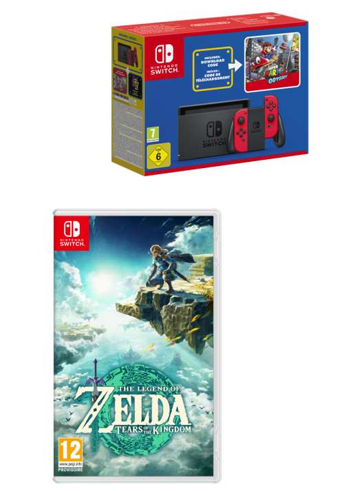 Pack Nintendo Switch V2 Edición Mario + Super Mario Odyssey + Pegatinas + The Legend of Zelda : Tears of the Kingdom