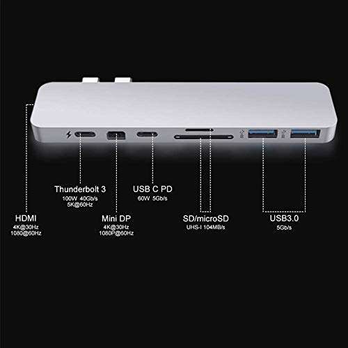 Hyper Pro - 8 en 2 con 8 HDMI 4K USB 3.0 USB-C Mini DisplayPort y Lector de Tarjetas SD y Micro SD - Plata