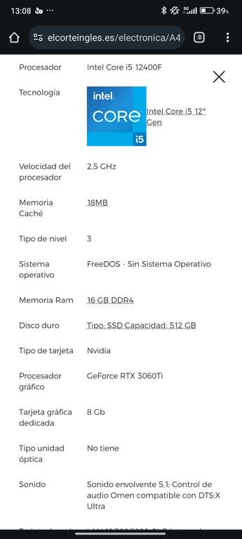 Sobremesa Gaming HP OMEN GT15-0064ns, i5, 16GB, 512GB SSD, NVIDIA GeForce RTX 3060Ti 8GB, FreeDOS