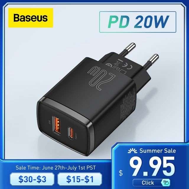 Baseus-cargador USB de 20W, dispositivo de carga rápida tipo C, PD, doble puerto USB