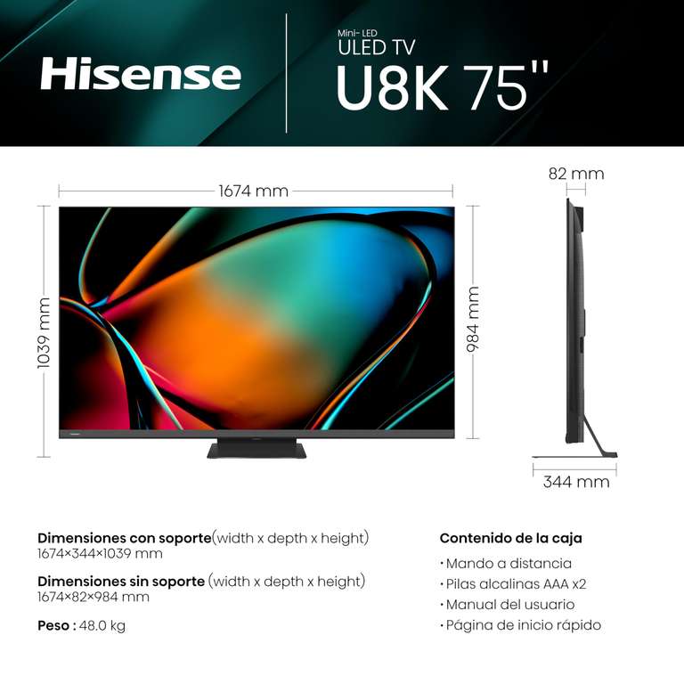Hisense 75U8KQ Mini-LED VIDAA Smart TV, 75 Pulgadas Televisor, Quantum Dot Colour, 2.1.2 Sonido multicanal, Modo Juego de 144Hz