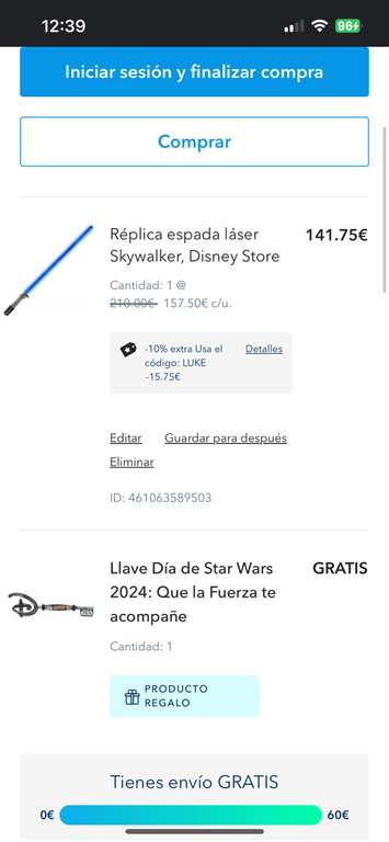 Espada láser Anakin Skywalker Disney y llave de regalo