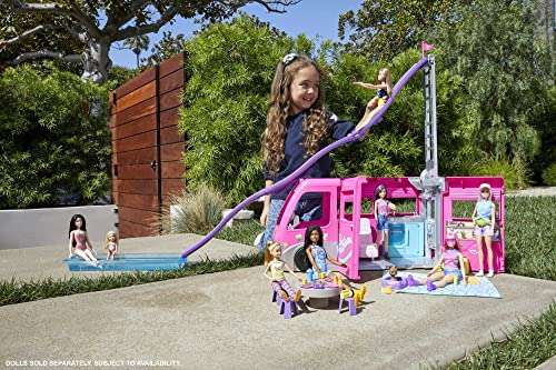 Barbie Supercaravana Dreamcamper 2022 Coche para muñecas con tobogán y accesorios de juguete