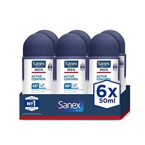 Sanex Men Active Control, Desodorante Hombre, Roll-on, Pack 6 Uds x 50 ml [1'59€/ud]