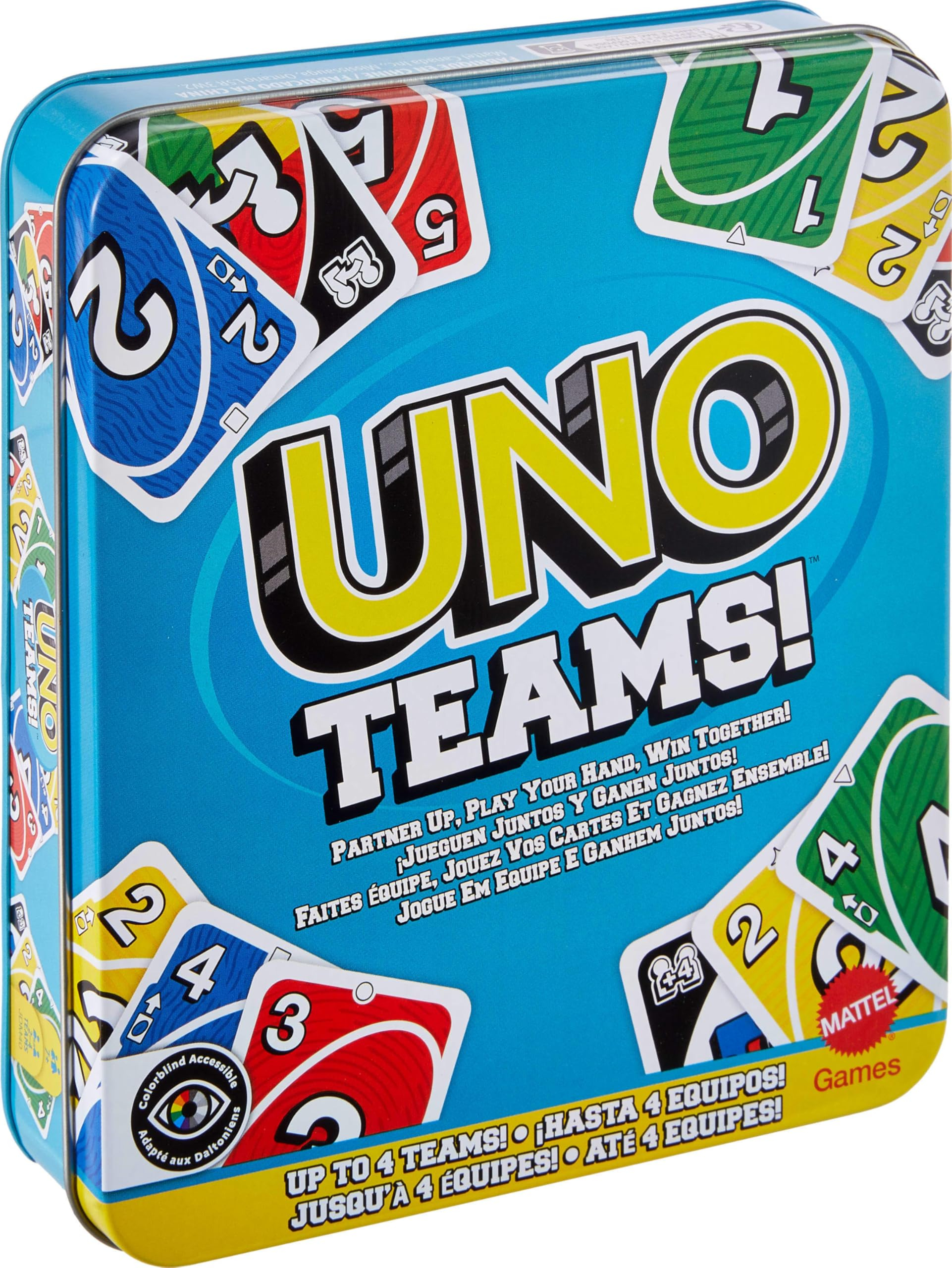 UNO Teams Juego de Cartas de Mattel para niños y adultos con Reglas Especiales para Jugar en Equipos de Dos Personas