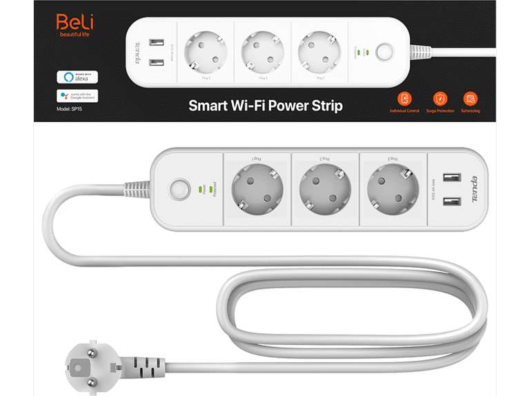 Regleta inteligente - Tenda SP15, WiFi, 3 Tomas, 2 USB, Alexa y Google Assitant + Switch - Tenda S105 Mini, 5 puertos, 10/100M, Plug&Play