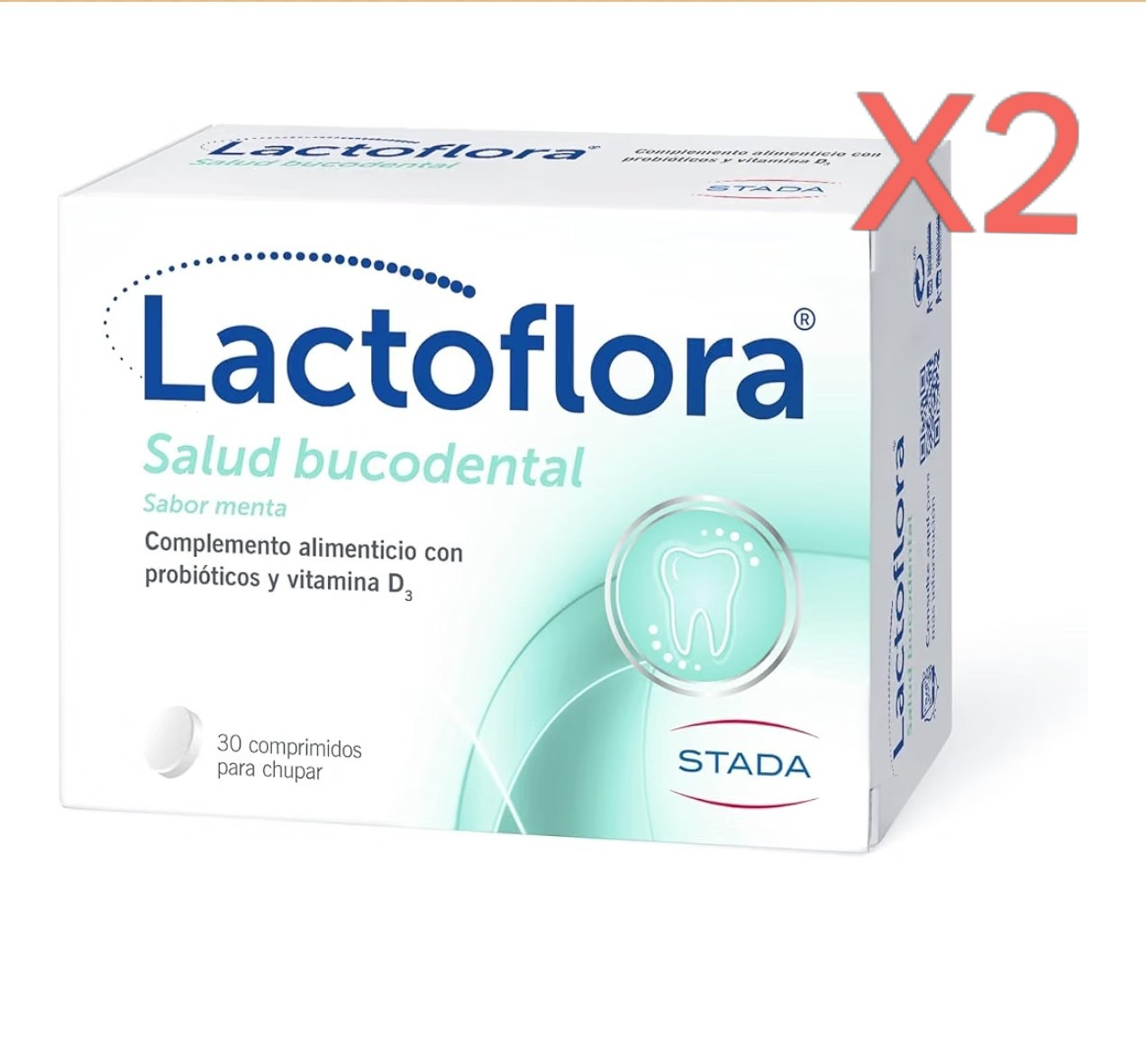 X2.Lactoflora Bucodental 30 comprimidos,sabor menta Probióticos y vitaminD cuidado bucal y dental, Mal aliento, Candidiasis oral, Gingivitis