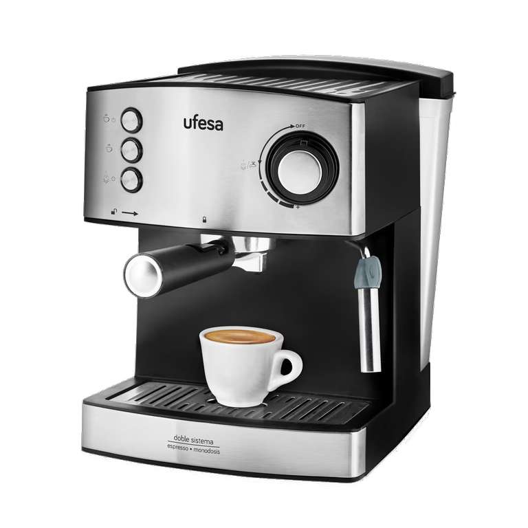 Cafetera express - Ufesa CE7240, 20 bar, 850 W, 1.6 L, Manual, Función calienta tazas, Plata y Negro