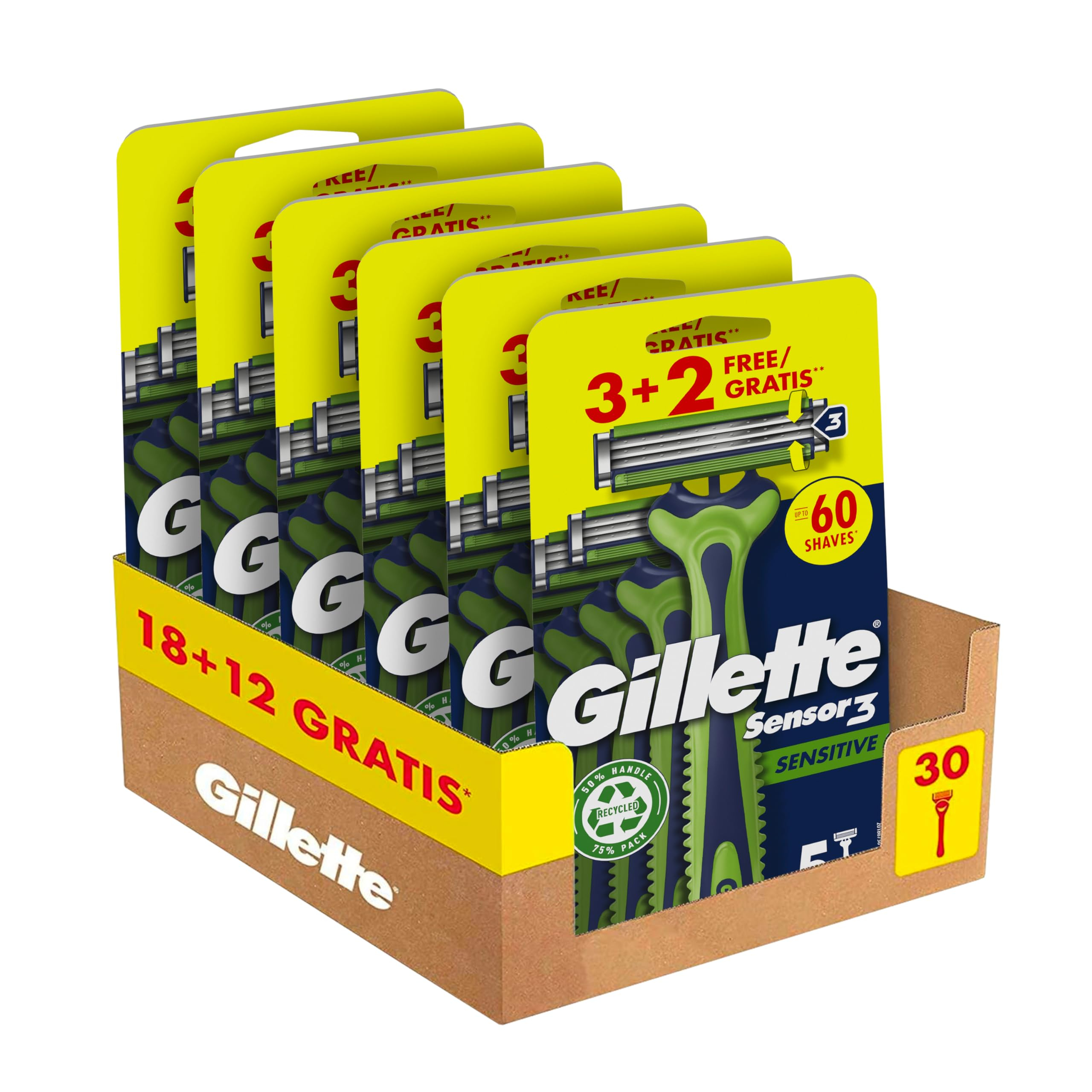 30 piezas Gillette Sensor3 Sensitive Maquinillas De Afeitar Desechables Para Hombre Con Banda Lubricante Con Un Toque De Aloe Vera