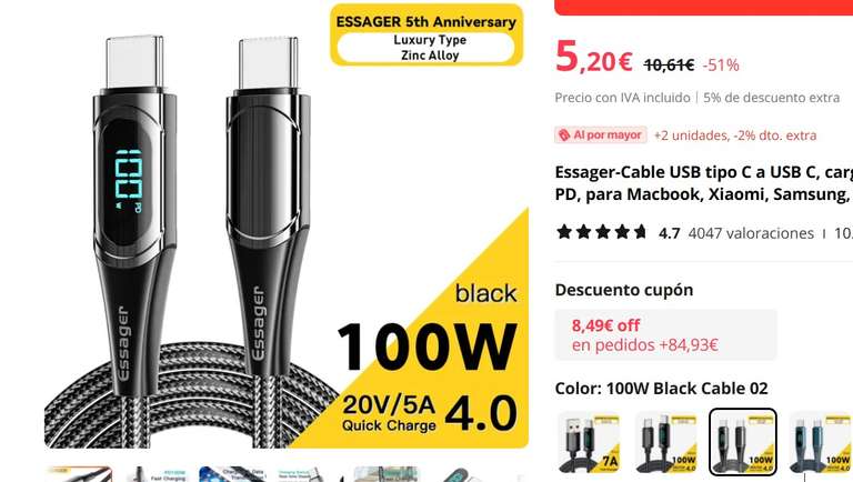 Cable Usb A Usb Tipo C Carga Rápida 7a 100w 2m Essager