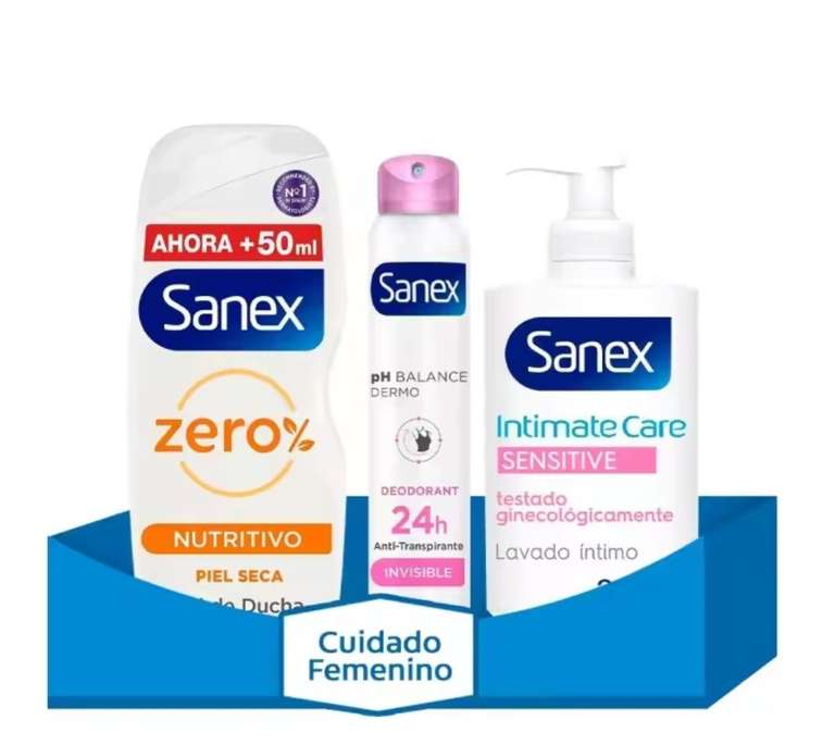 Sanex Pack de cuidado para mujer con Gel de ducha Zero% , Jabón Íntimo y Desodorante Spray Invisible [ Nuevo Usiario 3,56€]