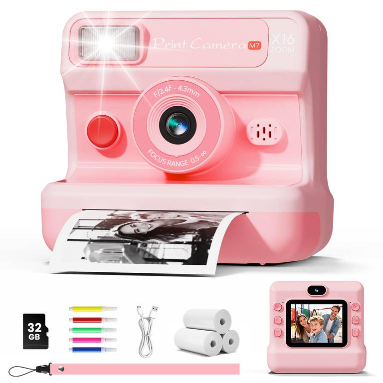 Cámara Fotos Infantil Instantánea Pantalla 2,4″ 48MP HD 1080P, Rosa