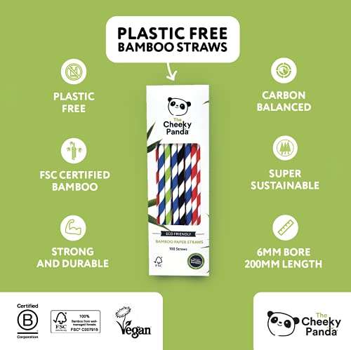 The Cheeky Panda - Pajitas de bambú de papel multicolor | Paquete de 100 pajitas | 100% biodegradable, sin plástico, ecológico y sostenible