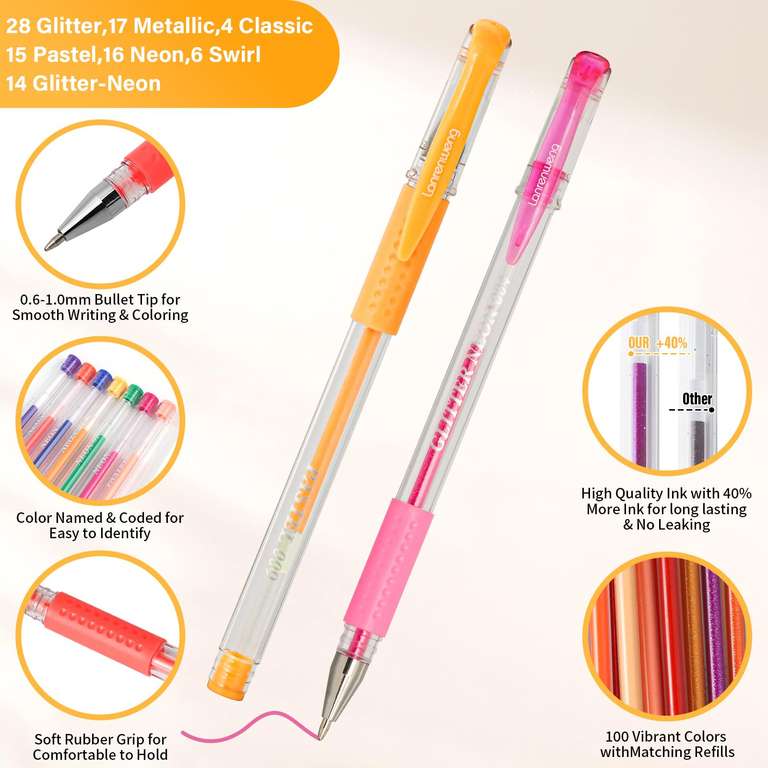 Estuche de 100 bolígrafos de gel de colores variados con 100 recargas (200 bolígrafos en total)