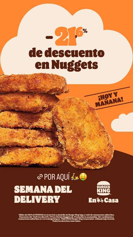 Chicken Nuggets x6 hoy y mañana en el servicio a domicilio de Burger King (app y web) de restaurantes adheridos