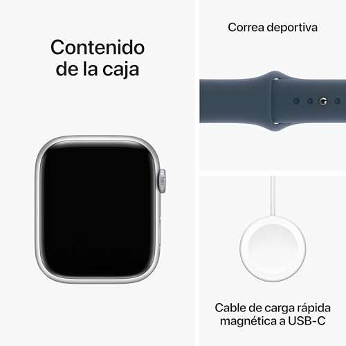Apple Watch Series 9 [GPS] Caja de Aluminio en Plata de 45 mm y Correa Deportiva Azul tempestad - Talla S/M