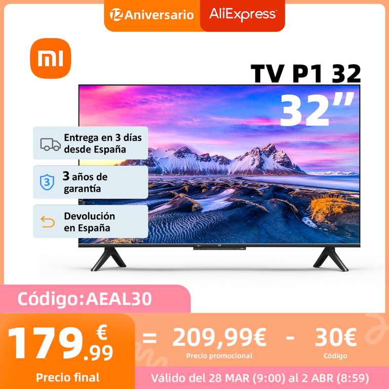 XIAOMI Mi TV P1 32" HD, Smart TV, WiFi, Control por voz, AndroidTV, Dolby Audio - Desde España