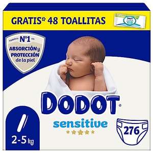 Dodot Pañales Bebé Sensitive Talla 1 (2-5 kg), 276 Pañales + 1 Pack de 40 Toallitas Gratis Aqua Plastic Free [0'14€/pañal]