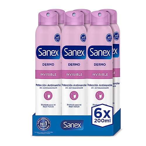 Sanex Dermo Invisible, Desodorante Hombre o Mujer, Desodorante Spray, Pack 6 Uds x 200 ml [1'73€/ud]