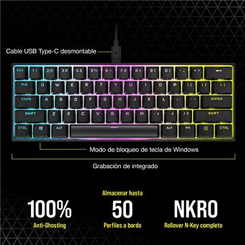 Corsair K65 RGB MINI 60% Teclado Mecánico con Cable para Juegos - Interruptores CHERRY MX ROJO - Teclados PBT Double-Shot- QWERTY ES - Negro