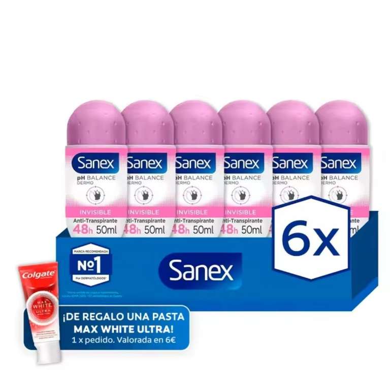 Desodorante roll-on Sanex pH Balance Dermo Invisible 48h antitranspirante 50ml. Pack 6 [ Nuevo Usuario 3,84€]