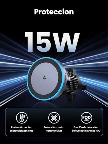 UGREEN Cargador de Coche Inalámbrico Magnético - Soporte para Móvil con Carga Wireless de 15W Compatible con iPhone 15/14/13/12 Series