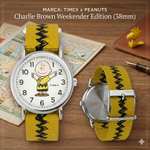 Reloj analógico Timex Weekender Peanuts unisex correa de tela amarilla esfera blanca caja de 38 mm