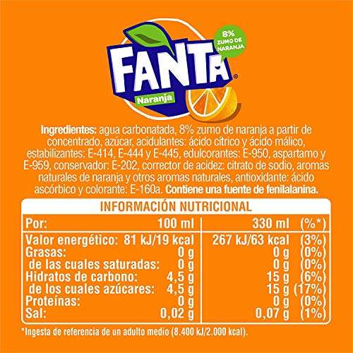 2 x Fanta Naranja, Bajo en calorías, Pack 9 latas de 330ml [Total 18 latas. Unidad 0'50€]