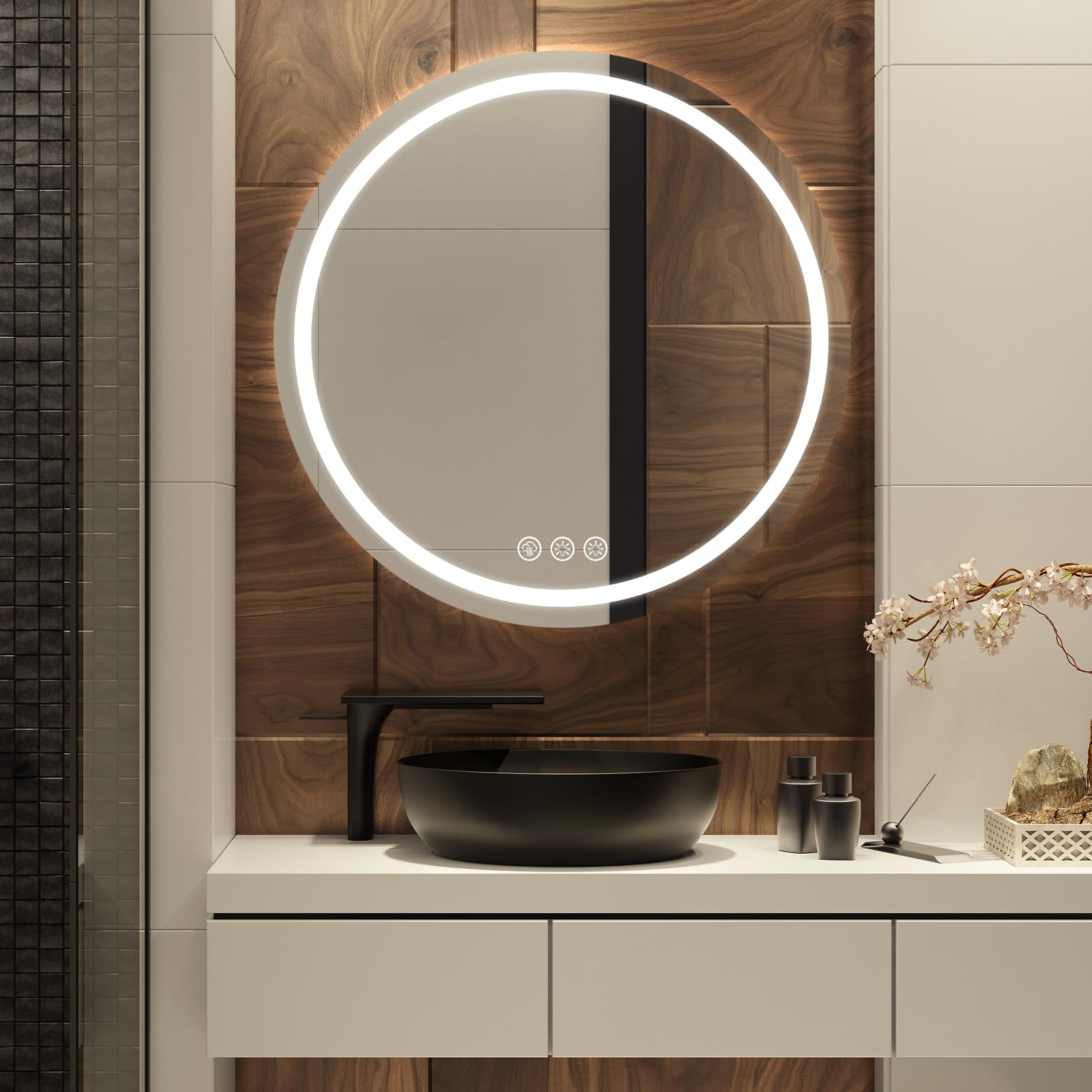 60cm LED Espejo Baño con Luz de Redondo, 3 Colores Luz, Antivaho