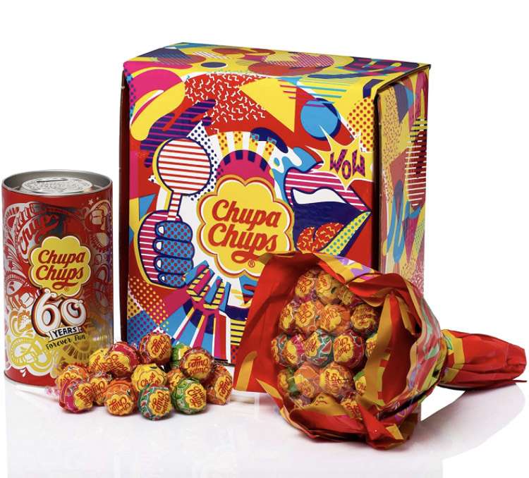 Chupa Chups Original, Caramelo con Palo de Sabores Variados, Caja Regalo con Flower Bouquet de 19 unidades y Lata de 16 unidades