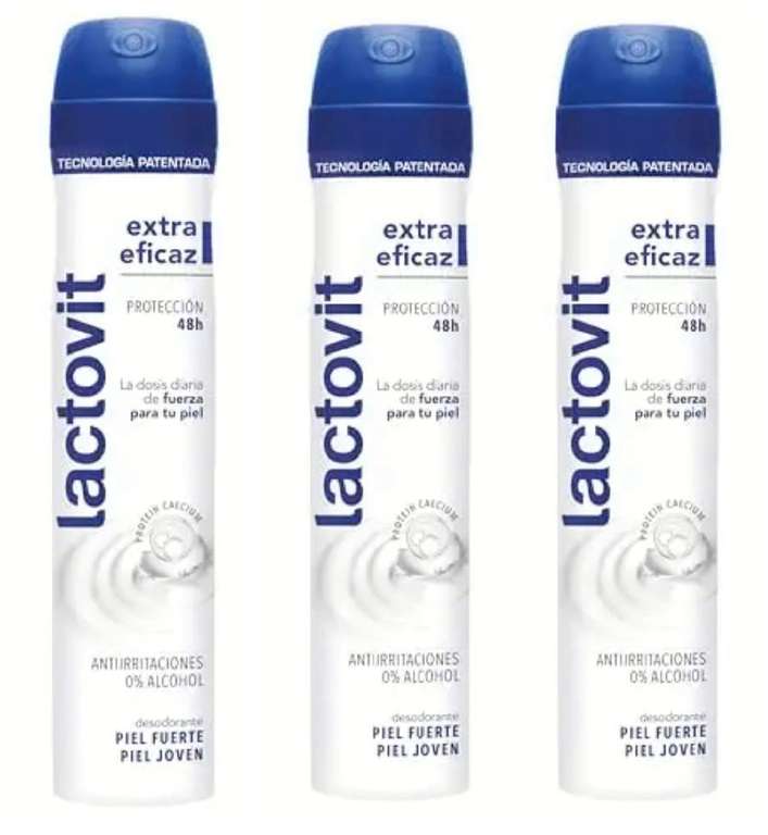 3x Lactovit - Desodorante Extra Eficaz con Microcápsulas Protect, 0% Alcohol, Anti-irritaciones y Eficacia 48H. 1'83€/ud