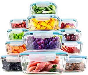 Recipientes de vidrio para comida 24 PIEZAS (12 envases y 12 tapas) Apto para lavavajillas, Microondas y congelador. Sin BPA